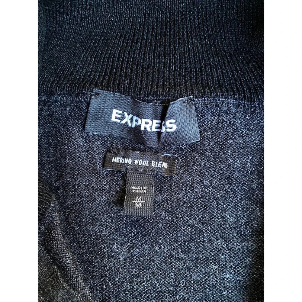 Express Merino Wool Quarter Zip Sweater M Charcoal Mock Neck Preppy Classic